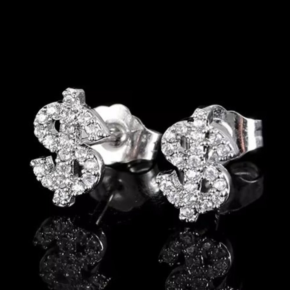 🆕 Dollar Sign Diamond Studded Earrings, 18K White Gold Hypoallergenic 🆕